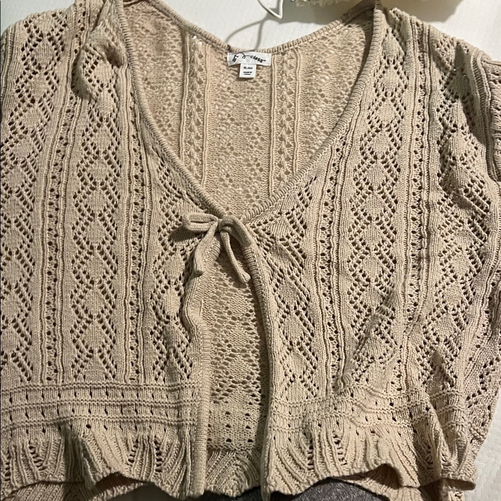 Forever 21 Beige Openwork V-Neck Tie-Front Sweater